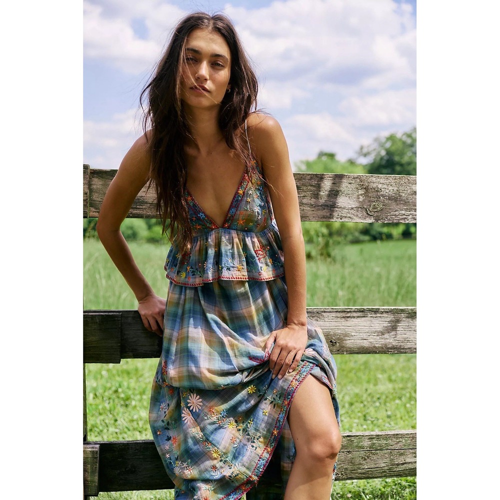 NWT Free People Songs Of Summer Embroidered Maxi Plaid Dress Boho Ocean XS 0/2